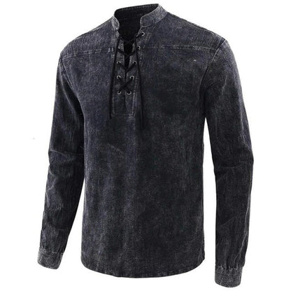 Fashionable Men Gothic Retro Lace-up V-neck Denim Long Sleeve Tee Shirt Loose Tops for Male Comfortable Breathable