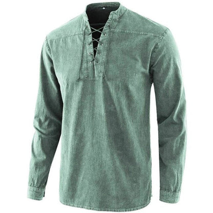 Fashionable Men Gothic Retro Lace-up V-neck Denim Long Sleeve Tee Shirt Loose Tops for Male Comfortable Breathable