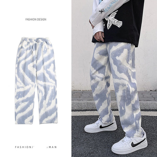 Men's Fashion Jeans New Tie Dye  Men's Street Hip Hop Elastic Waist Casual Wide Leg Pants Korean Trousers Spring Summer Jeans