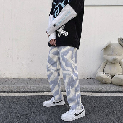 Men's Fashion Jeans New Tie Dye  Men's Street Hip Hop Elastic Waist Casual Wide Leg Pants Korean Trousers Spring Summer Jeans