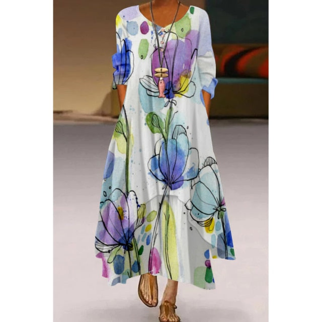 Sixsr Fashion Summer Maxi Dress Women's Printed Sundress Casual Short Sleeve Vestidos Female High Waist Robe Femme midi elbise