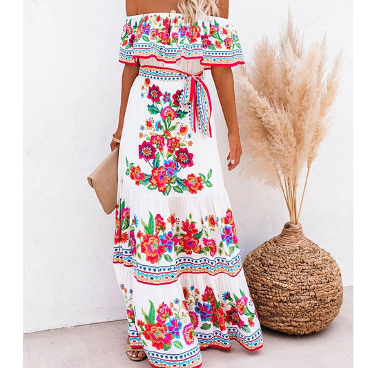 Sixsr Summer Women's Dress White Floral Dress Off The Shoulder Long Dress Female Streetwear Casual Elegant Party Dresses Ladies