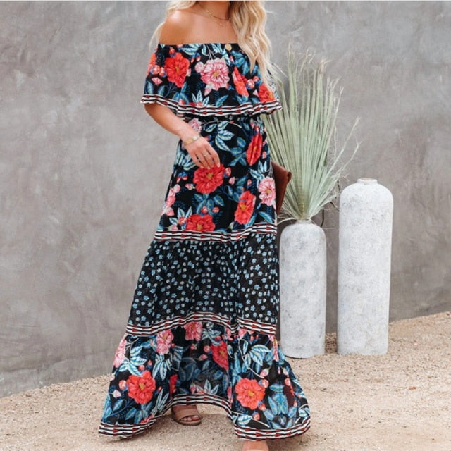 Sixsr Summer Women's Dress White Floral Dress Off The Shoulder Long Dress Female Streetwear Casual Elegant Party Dresses Ladies