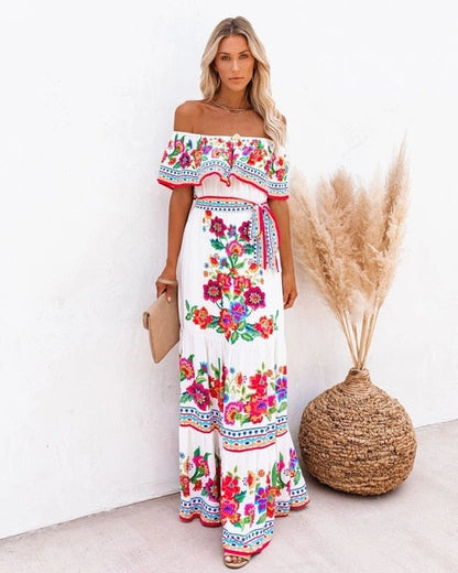Sixsr Summer Women's Dress White Floral Dress Off The Shoulder Long Dress Female Streetwear Casual Elegant Party Dresses Ladies