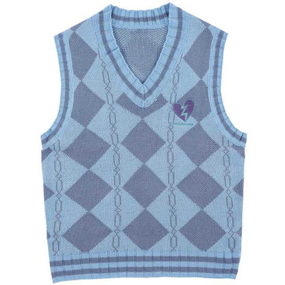 Aolamegs V-Neck Sweater Vest Men Plaid Knitted Embroidery Waistcoat Sleeveless Loose Harajuku College Style Tops Male Streetwear