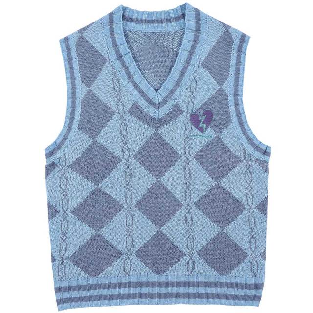 Aolamegs V-Neck Sweater Vest Men Plaid Knitted Embroidery Waistcoat Sleeveless Loose Harajuku College Style Tops Male Streetwear