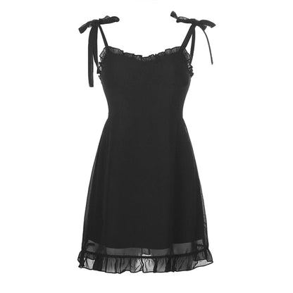 Sixsr Sweetown Dark Academia Gothic Dresses Women Chiffon Ruffles Black E Girl Clothes Sleeveless V Neck Lace Up Mini Dress Summer