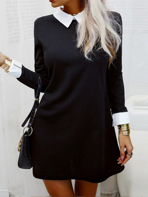 Sixsr Dresses for Women Color Block Long Sleeve MIni Dress Autumn Office Ladies Elegant Turn Down Collar Casual Short Shirt Dress