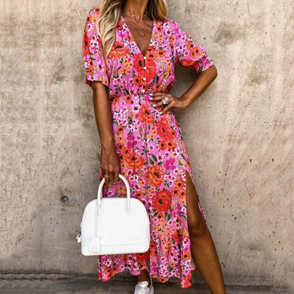 Sixsr Women Floral Print V Neck Side Slit Party Dress Spring Autumn Long Sleeve Elegant Ladies Sexy Elastic Waist Slim Dress Vestidos