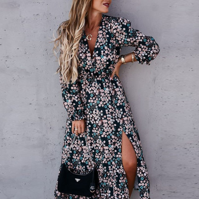 Sixsr Women Floral Print V Neck Side Slit Party Dress Spring Autumn Long Sleeve Elegant Ladies Sexy Elastic Waist Slim Dress Vestidos
