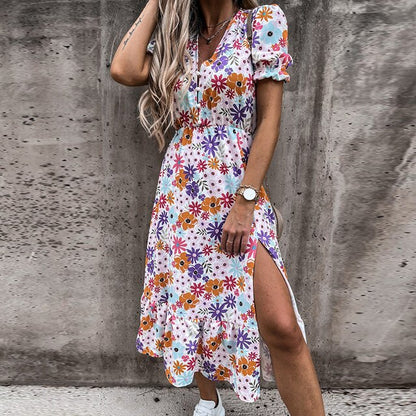 Sixsr Women Floral Print V Neck Side Slit Party Dress Spring Autumn Long Sleeve Elegant Ladies Sexy Elastic Waist Slim Dress Vestidos