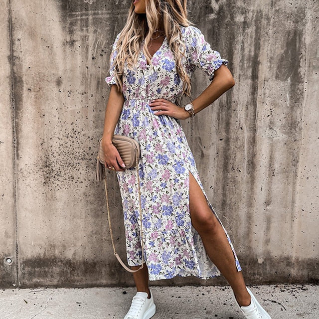 Sixsr Women Floral Print V Neck Side Slit Party Dress Spring Autumn Long Sleeve Elegant Ladies Sexy Elastic Waist Slim Dress Vestidos