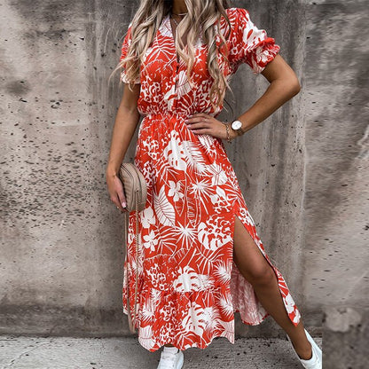 Sixsr Women Floral Print V Neck Side Slit Party Dress Spring Autumn Long Sleeve Elegant Ladies Sexy Elastic Waist Slim Dress Vestidos