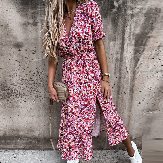 Sixsr Women Floral Print V Neck Side Slit Party Dress Spring Autumn Long Sleeve Elegant Ladies Sexy Elastic Waist Slim Dress Vestidos