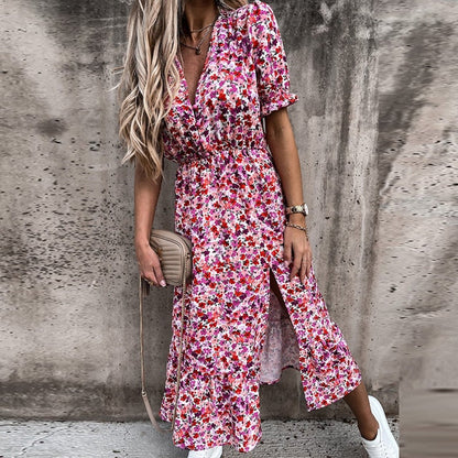 Sixsr Women Floral Print V Neck Side Slit Party Dress Spring Autumn Long Sleeve Elegant Ladies Sexy Elastic Waist Slim Dress Vestidos