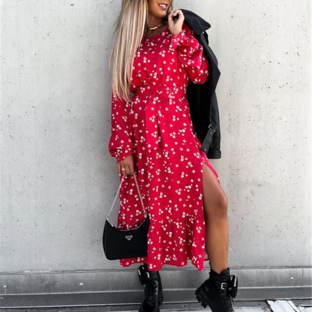 Sixsr Women Floral Print V Neck Side Slit Party Dress Spring Autumn Long Sleeve Elegant Ladies Sexy Elastic Waist Slim Dress Vestidos