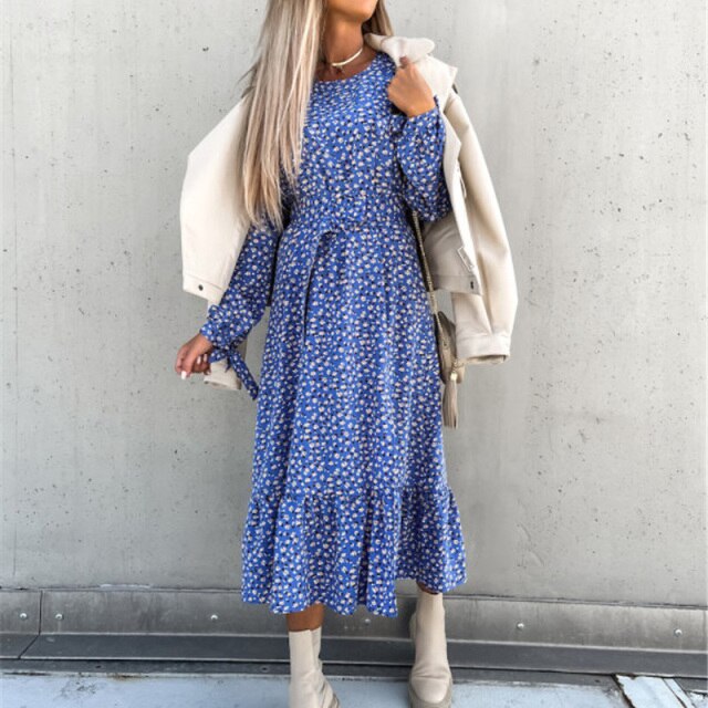 Sixsr Women Floral Print V Neck Side Slit Party Dress Spring Autumn Long Sleeve Elegant Ladies Sexy Elastic Waist Slim Dress Vestidos