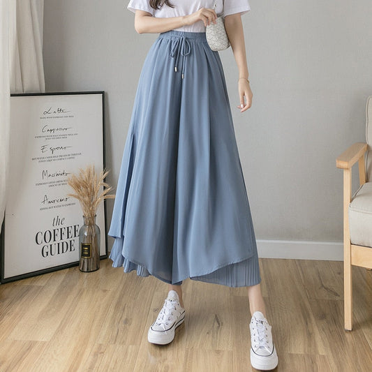 Sixsr Spring Autumn New Style Pleated Chiffon Wide Leg Pants Fashion High Waist Drape Elegant Ankle-length Pants Skirt Trousers
