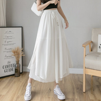 Sixsr Spring Autumn New Style Pleated Chiffon Wide Leg Pants Fashion High Waist Drape Elegant Ankle-length Pants Skirt Trousers