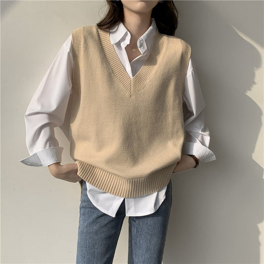 Sixsr Autumn Women's Sweater Vest V-neck Sleeveless Irregular Casual Loose Knitted Pullover Tops Female Outerwear