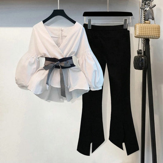 Sixsr New Spring Summer 2 Pcs Suits Women's Striped Bow Lantern Sleeve Blouse + Black Split Flare Sleeve Pants Set S-3XL