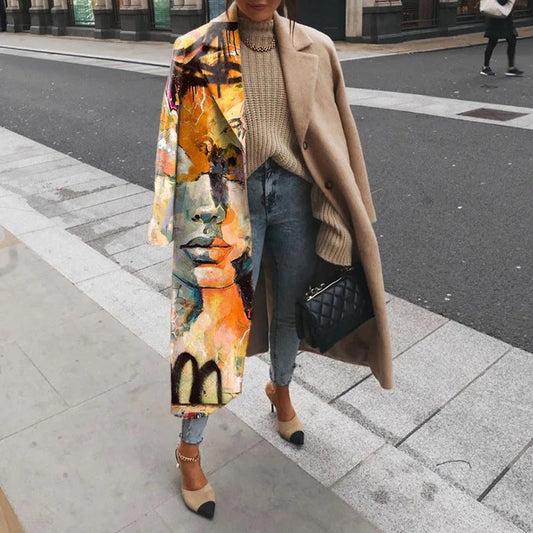 Sixsr  Casual Lapel Long Sleeve Blend Wool Coats Fashion Portrait Print Women Long Overcoat Winter Elegant Lady Cardigan Outerwear