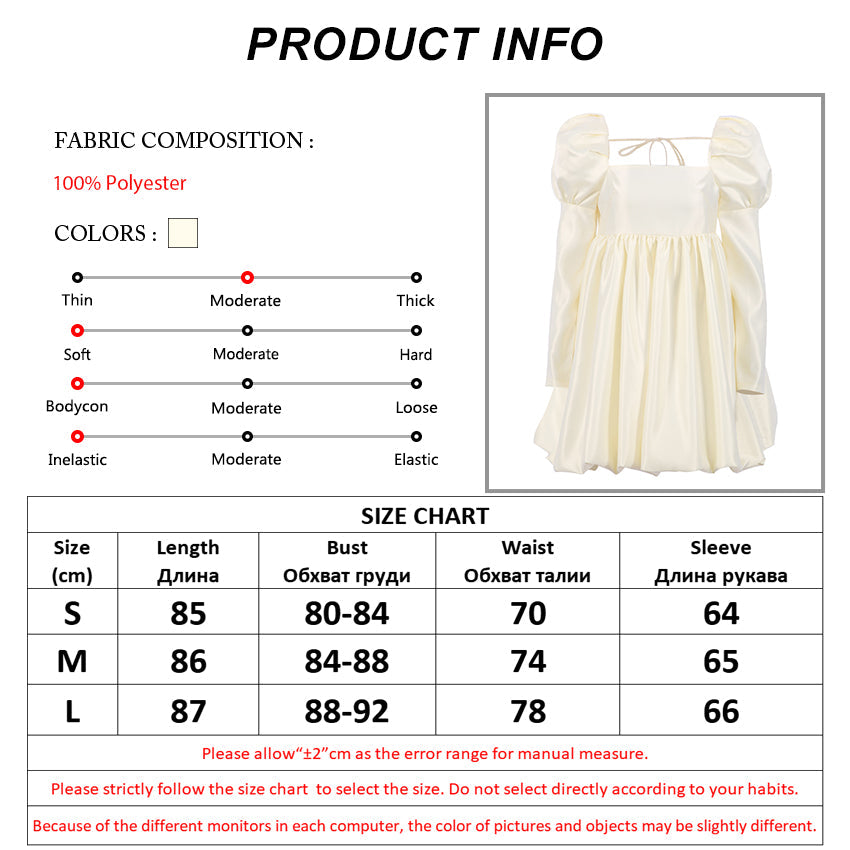 Sixsr  New Fashion Puff Sleeves Woman Party Dress Evening Chic Square Collar Ball Gown Dress Short Beige Satin Dresses Pleated Ladies