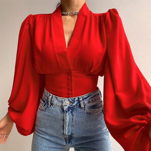 Sixsr Spring Fashion Women Shirt Lantern Long Sleeves Casual Solid Color Printed Slim Buttons V Neck Blouse Commute High Street Shirts