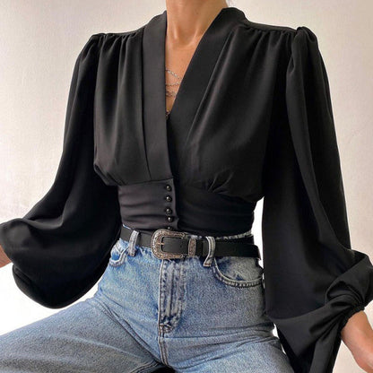 Sixsr Spring Fashion Women Shirt Lantern Long Sleeves Casual Solid Color Printed Slim Buttons V Neck Blouse Commute High Street Shirts