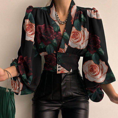 Sixsr Spring Fashion Women Shirt Lantern Long Sleeves Casual Solid Color Printed Slim Buttons V Neck Blouse Commute High Street Shirts