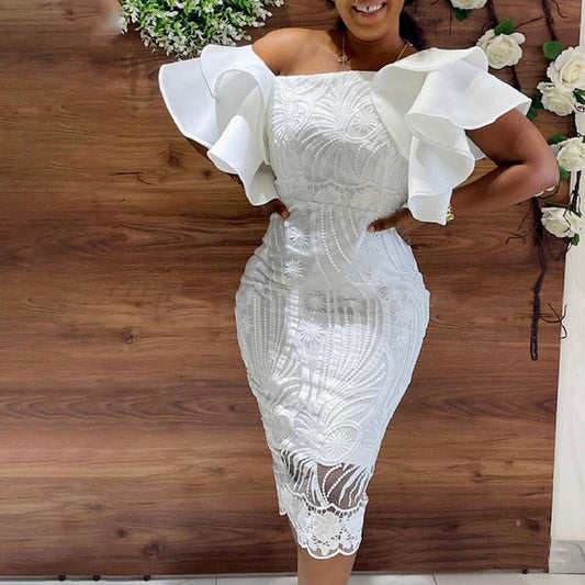 sixsr  Summer Fashion Midi Dress Elegant Evening Party White Dresses for Women Classy Prom High-waist Lace Ruffle Female Clothing