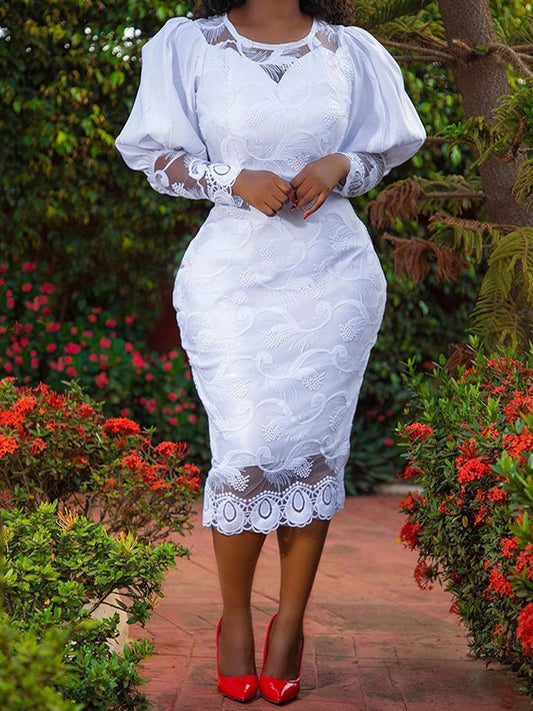 sixsr Womens Fashion Elegant Women White Lace Dress Puff Sleeve Embroidery Pencil Dress Large Size 4XL Ladies Wedding Birthday Dinner Evening Clothes