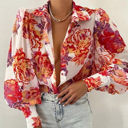 Sixsr Spring Fashion Women Shirt Lantern Long Sleeves Casual Solid Color Printed Slim Buttons V Neck Blouse Commute High Street Shirts