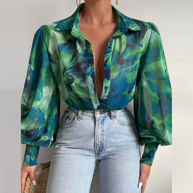 Sixsr Spring Fashion Women Shirt Lantern Long Sleeves Casual Solid Color Printed Slim Buttons V Neck Blouse Commute High Street Shirts