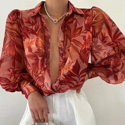 Sixsr Spring Fashion Women Shirt Lantern Long Sleeves Casual Solid Color Printed Slim Buttons V Neck Blouse Commute High Street Shirts