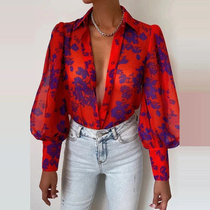 Sixsr Spring Fashion Women Shirt Lantern Long Sleeves Casual Solid Color Printed Slim Buttons V Neck Blouse Commute High Street Shirts