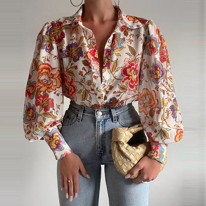 Sixsr Spring Fashion Women Shirt Lantern Long Sleeves Casual Solid Color Printed Slim Buttons V Neck Blouse Commute High Street Shirts