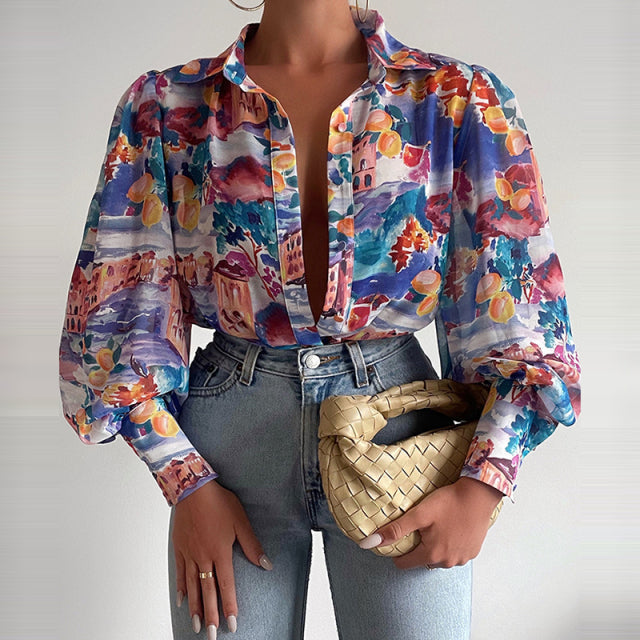 Sixsr Spring Fashion Women Shirt Lantern Long Sleeves Casual Solid Color Printed Slim Buttons V Neck Blouse Commute High Street Shirts