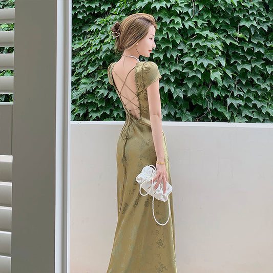 sixsr Elegant Women Green Satin Backless Mixi Dress Vintage Palace Bodycon Party Dresses Lace Bandage V-Neck Prom Robe Summer Vestidos