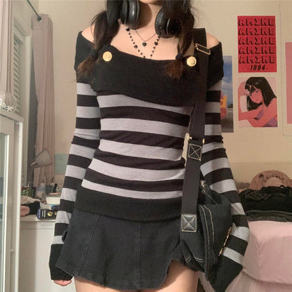 Sixsr  Fashion Trends Harajuku Retro Striped Print Grunge Tshirts Slash Neck Buttons Autumn Vintage Tops Tees Aesthetic Chic Cute Slim Fit Outfits