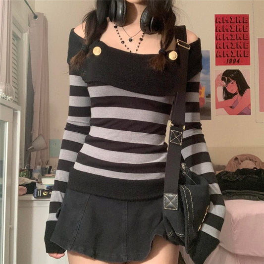 Sixsr  Fashion Trends Harajuku Retro Striped Print Grunge Tshirts Slash Neck Buttons Autumn Vintage Tops Tees Aesthetic Chic Cute Slim Fit Outfits