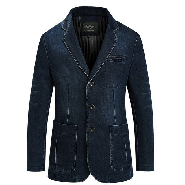 Brand Denim Jacket Men Autumn Blazer Jacket Slim Fit Military Jacket Single Breasted Turn-down Collar Jeans Coat Plus Size XXXXL