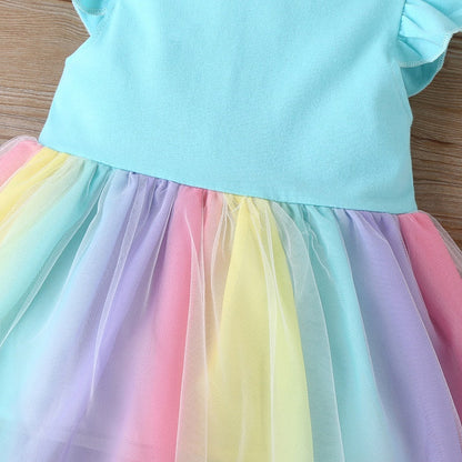 Sixsr New Summer Baby Girls Tutu Dress Children Party Little Girl Kids Clothes Flying Sleeve Princess Rainbow Patchwork Outfits Dress