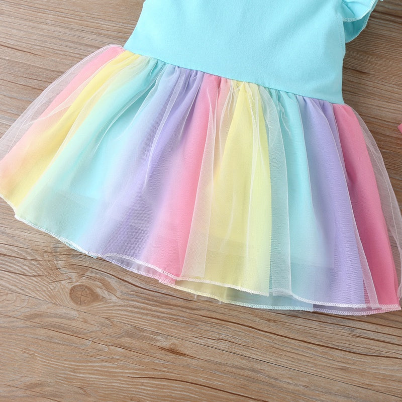 Sixsr New Summer Baby Girls Tutu Dress Children Party Little Girl Kids Clothes Flying Sleeve Princess Rainbow Patchwork Outfits Dress
