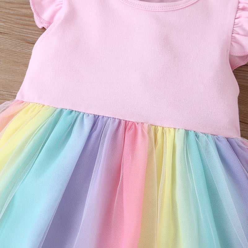 Sixsr New Summer Baby Girls Tutu Dress Children Party Little Girl Kids Clothes Flying Sleeve Princess Rainbow Patchwork Outfits Dress