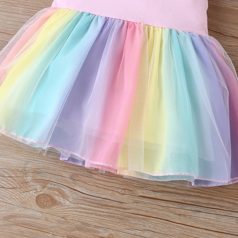 Sixsr New Summer Baby Girls Tutu Dress Children Party Little Girl Kids Clothes Flying Sleeve Princess Rainbow Patchwork Outfits Dress
