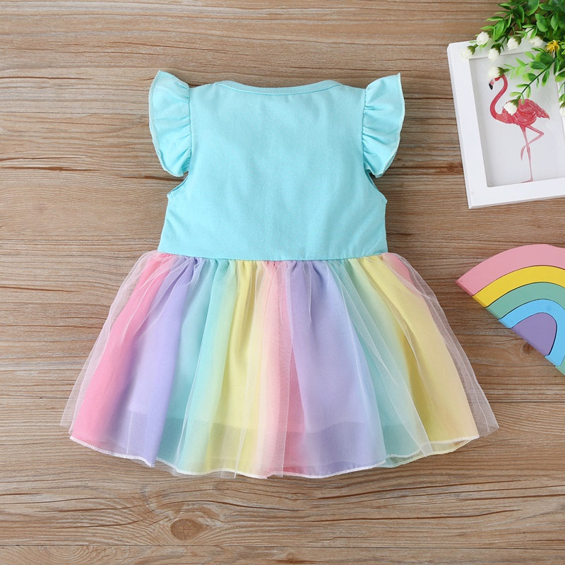Sixsr New Summer Baby Girls Tutu Dress Children Party Little Girl Kids Clothes Flying Sleeve Princess Rainbow Patchwork Outfits Dress