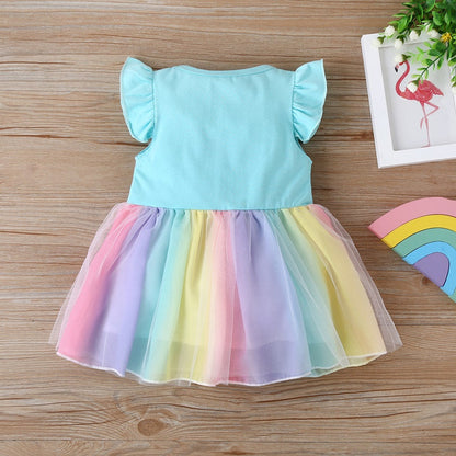 Sixsr New Summer Baby Girls Tutu Dress Children Party Little Girl Kids Clothes Flying Sleeve Princess Rainbow Patchwork Outfits Dress